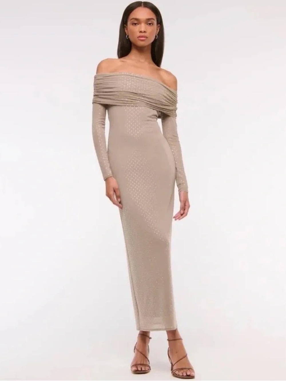 Abercrombie & Fitch Taupe Off-Shoulder Long Sleeve Maxi Dress